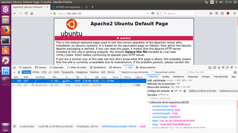 Captura de pantalla con las herramientas de desarrollador de Firefox mostrando una conexión HTTP/2