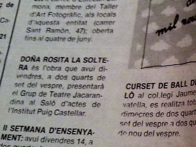 Agenda de la revista Grama del 14 al 21 de mayo de 1982, con el anuncio de la representación de Doña Rosita la soltera