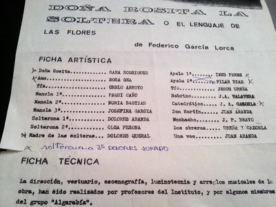 Ficha técnica del montaje de Doña Rosita la soltera, de Federico García Lorca a cargo del grupo de teatro Jacarandina