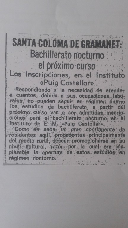Notícia sobre inscripcions al batxillerat nocturn (La Vanguardia, 25-4-1973)
