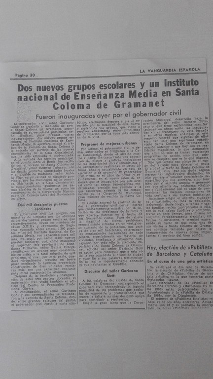 Notícia a La Vanguardia del 1-12-1968 sobre la inauguració oficial de l'Institut Puig Castellar